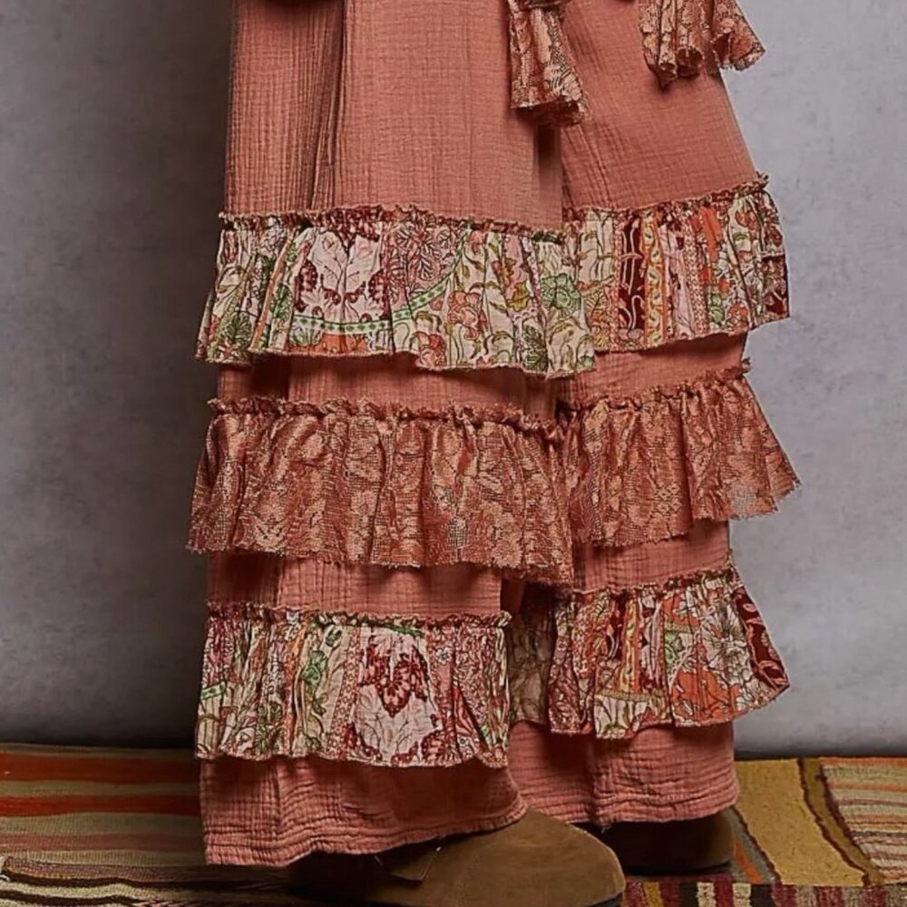 POL Flowy Wide Leg Palazzo Ruffle Salmon Pink Pants Boho Western Size L Gauze - Picture 6 of 11